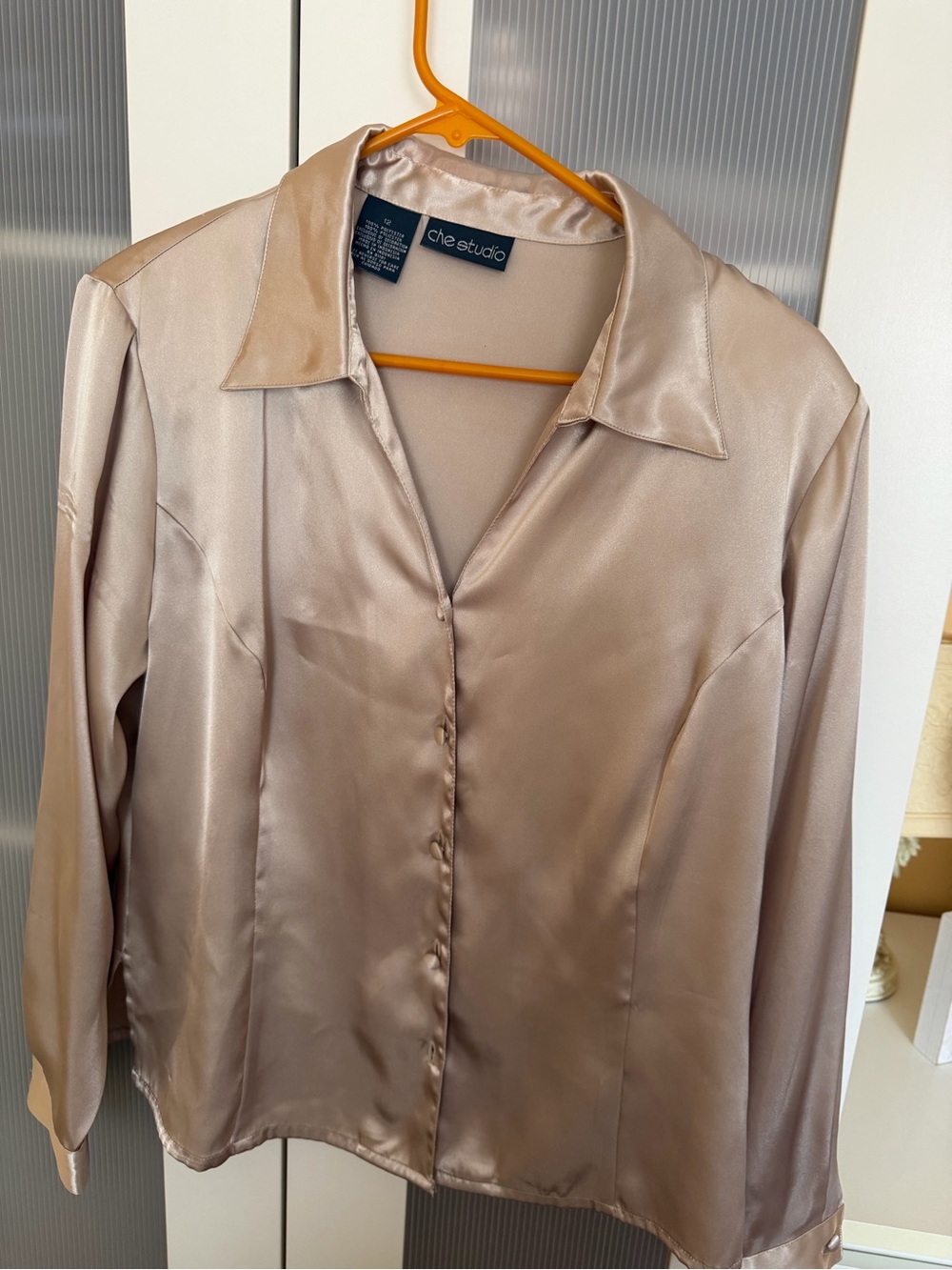City Studio Satin Button-Front Blouse — Champagne Taupe
